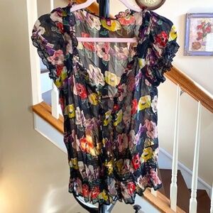 Ted Baker Silk Ruffled Blouse Black Floral Cap Sleeve Stretchy Boho Size 2